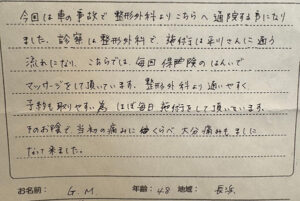 声用紙　当初の痛みに比べ、大分痛みもマシになってきました。　長浜市　48歳　G.Mさん