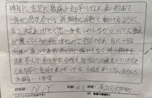 声用紙　左足痛の悩み　長浜市大井町　63歳　N.Yさん